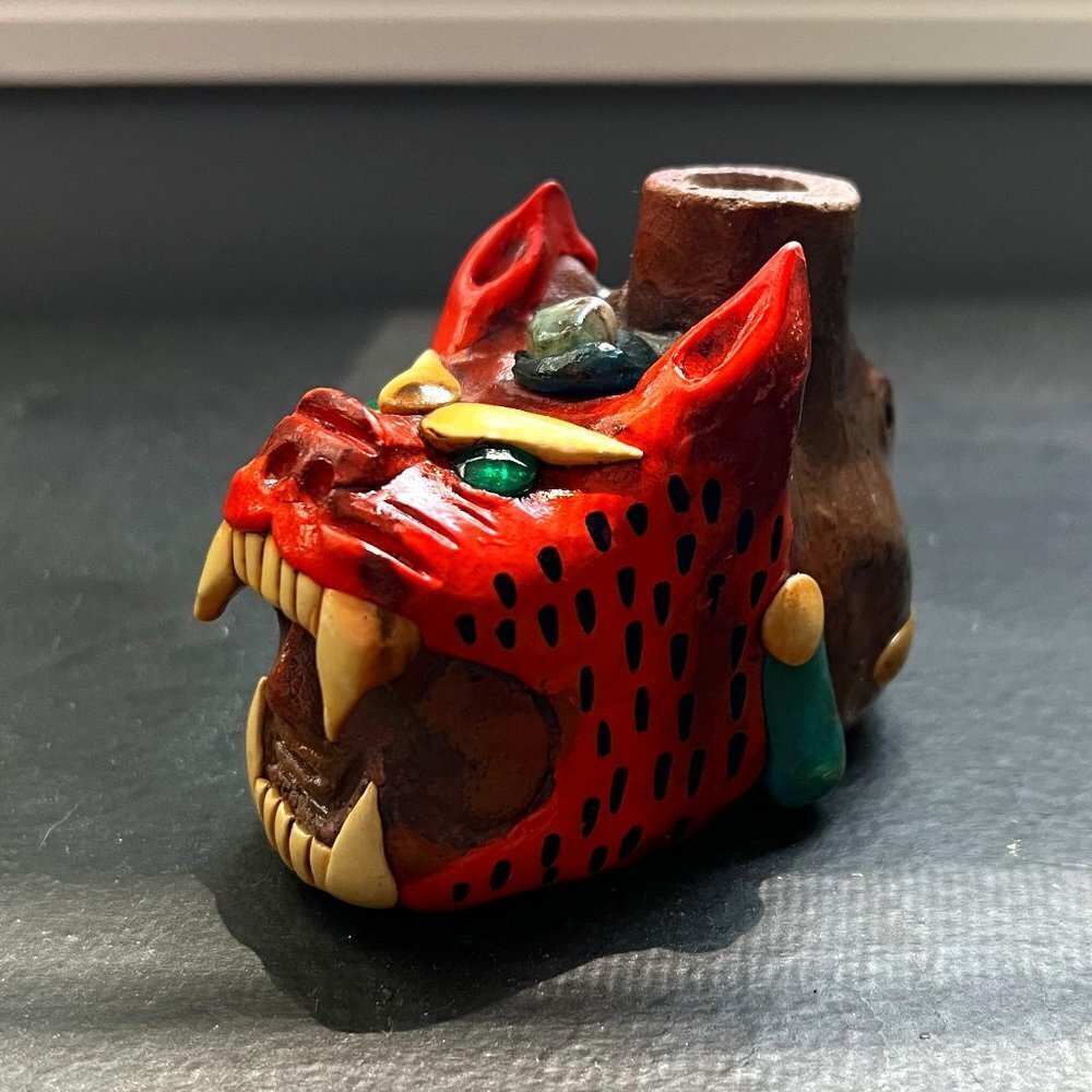 Handmade Original Mayan -Aztec Ceremonial Jaguar Clay Whistle (1)